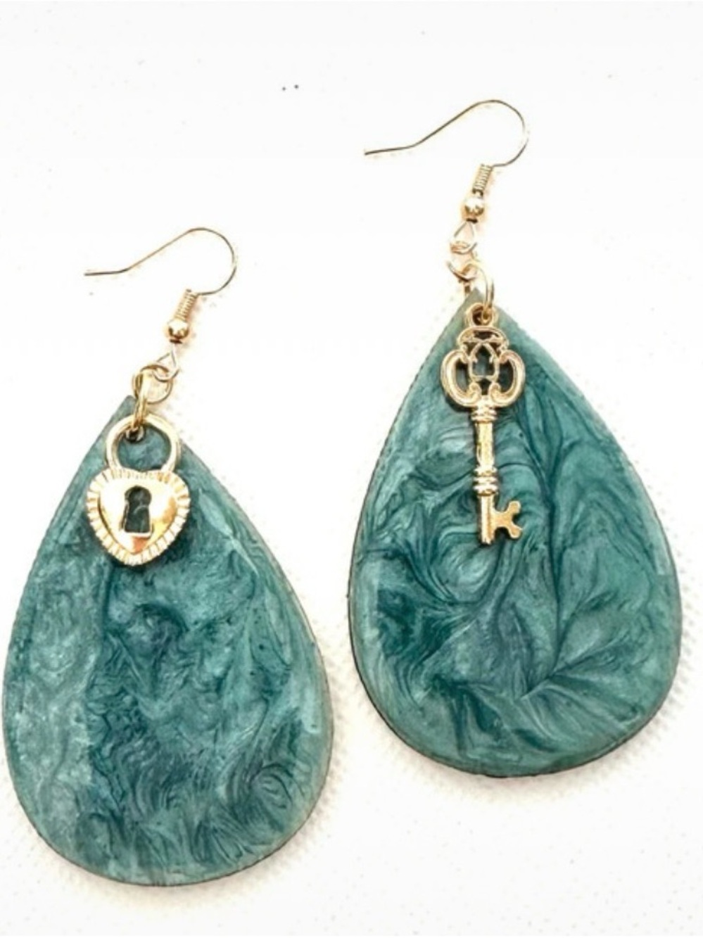 Green Teardrop Earrings with Gold Key & Heart Lock Charms